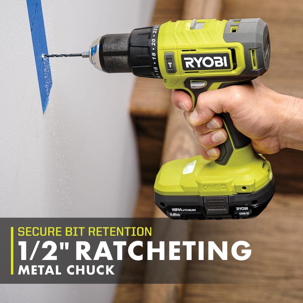 RYOBI ONE+ 18V Cordless 1/2 in. Hammer Drill/Driver Kit with Auxiliary Handle, 2.0 Ah Battery and Charger