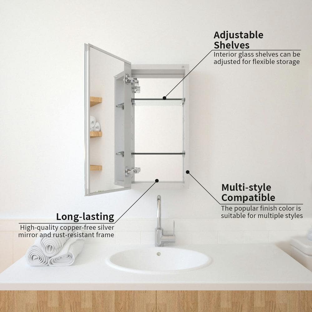 TaiMei 12 in. x 24 in. Frameless Recessed or Surface-Mount Beveled Single Mirror Bathroom Medicine Cabinet