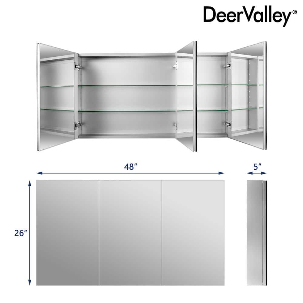 DEERVALLEY 48 in. W x 26 in. H Rectangular Aluminum Frameless Surface Mount Bathroom 3-Doors Medicine Cabinet with Mirror