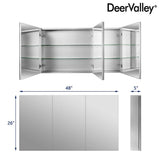 DEERVALLEY 48 in. W x 26 in. H Rectangular Aluminum Frameless Surface Mount Bathroom 3-Doors Medicine Cabinet with Mirror