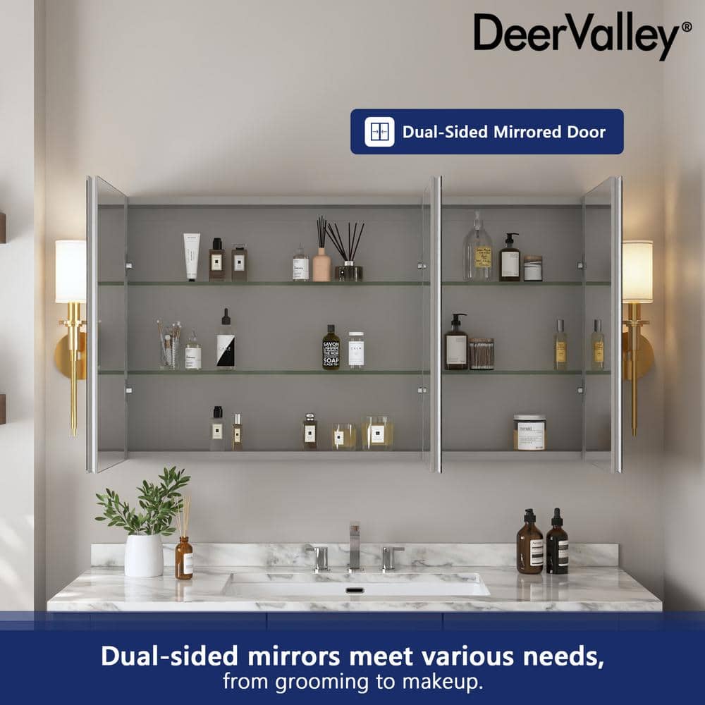 DEERVALLEY 48 in. W x 26 in. H Rectangular Aluminum Frameless Surface Mount Bathroom 3-Doors Medicine Cabinet with Mirror