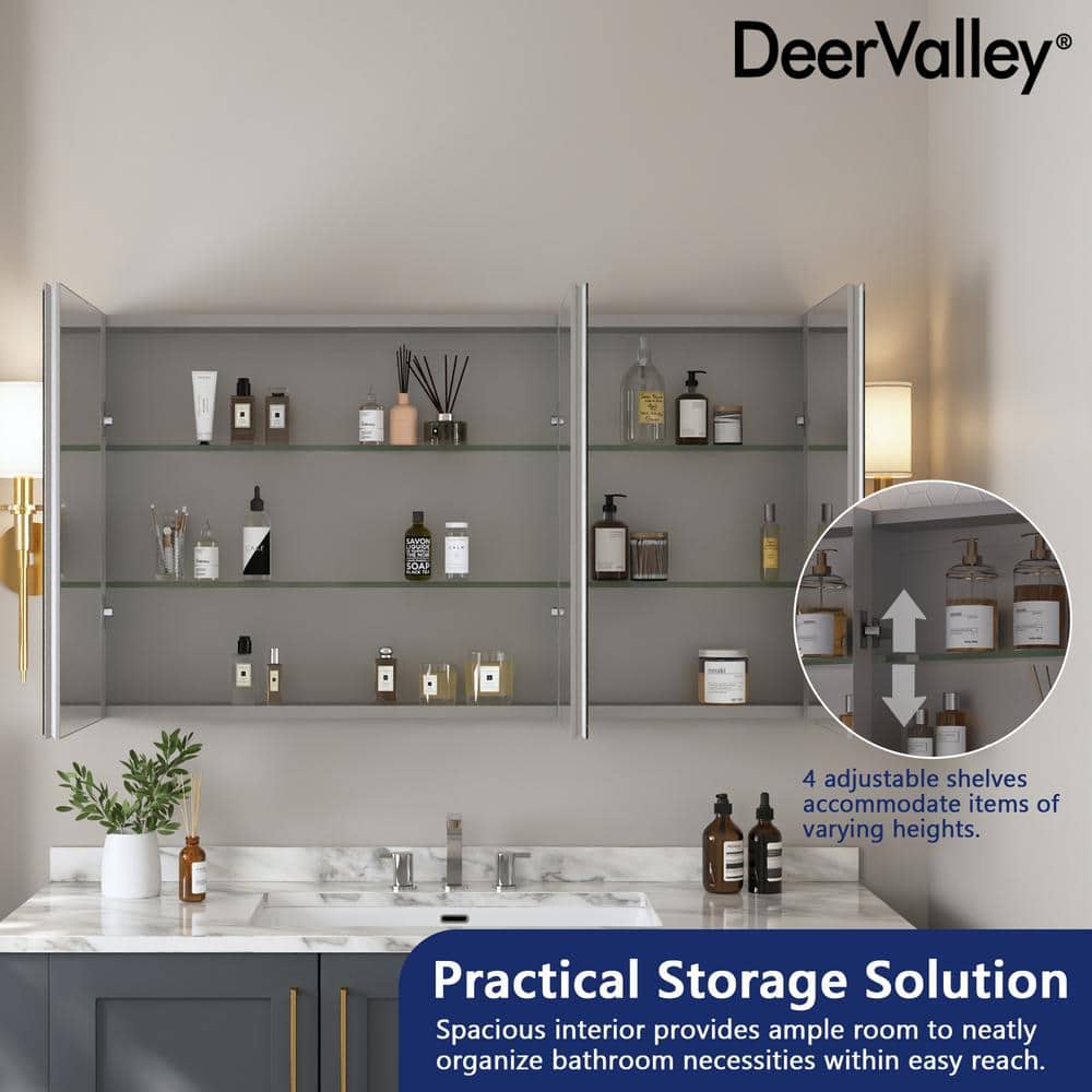 DEERVALLEY 48 in. W x 26 in. H Rectangular Aluminum Frameless Surface Mount Bathroom 3-Doors Medicine Cabinet with Mirror