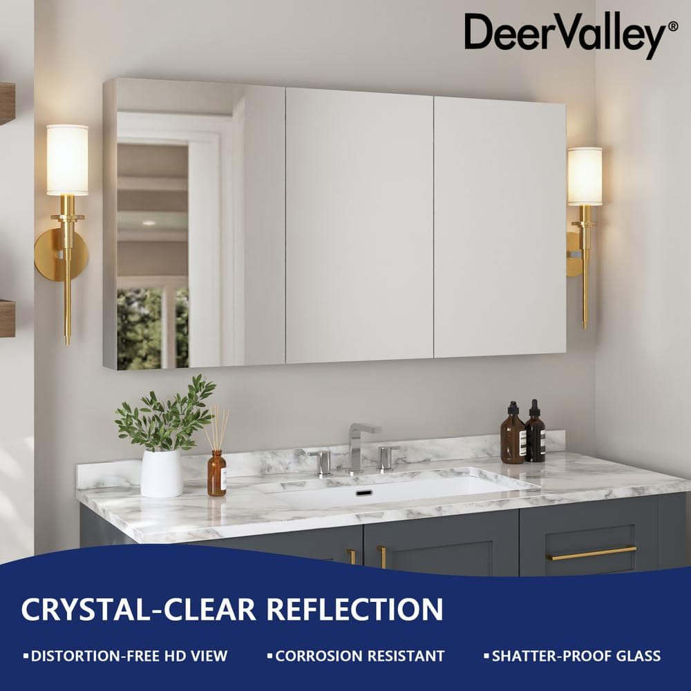 DEERVALLEY 48 in. W x 26 in. H Rectangular Aluminum Frameless Surface Mount Bathroom 3-Doors Medicine Cabinet with Mirror