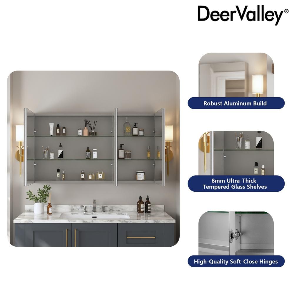 DEERVALLEY 48 in. W x 26 in. H Rectangular Aluminum Frameless Surface Mount Bathroom 3-Doors Medicine Cabinet with Mirror
