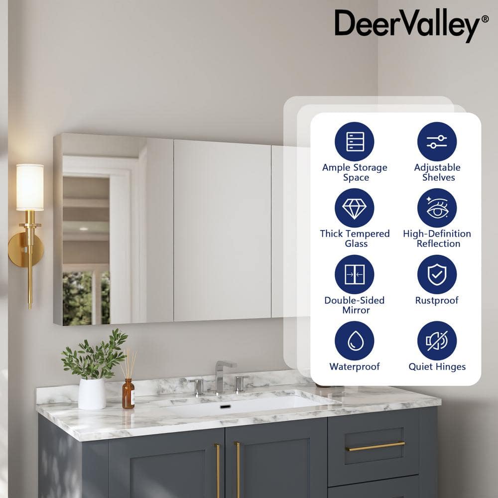 DEERVALLEY 48 in. W x 26 in. H Rectangular Aluminum Frameless Surface Mount Bathroom 3-Doors Medicine Cabinet with Mirror