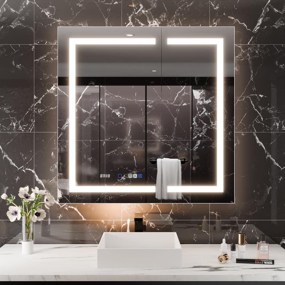 Xzkai 36 in. W x 36 in. H Rectangular LED Anti-Fog Medicine Cabinet with Mirror and USB Outlet, Nightlight