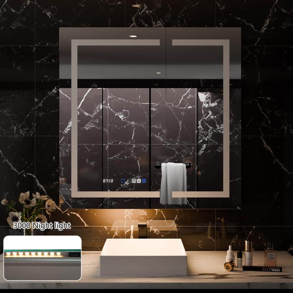 Xzkai 36 in. W x 36 in. H Rectangular LED Anti-Fog Medicine Cabinet with Mirror and USB Outlet, Nightlight