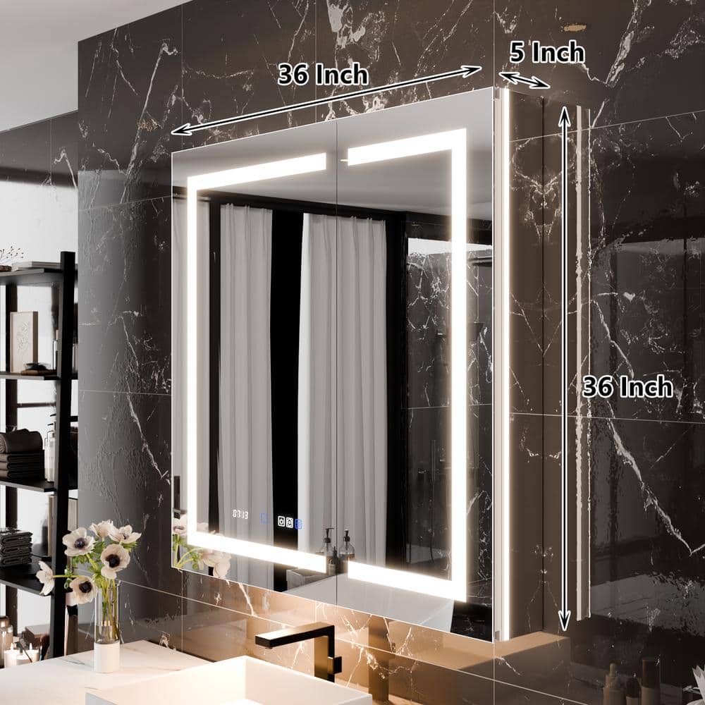 Xzkai 36 in. W x 36 in. H Rectangular LED Anti-Fog Medicine Cabinet with Mirror and USB Outlet, Nightlight