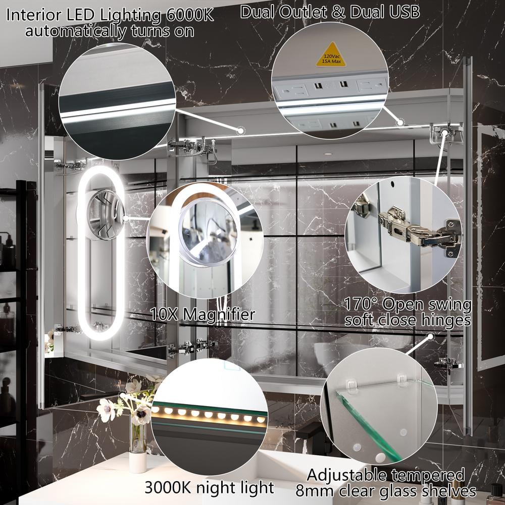 Xzkai 36 in. W x 36 in. H Rectangular LED Anti-Fog Medicine Cabinet with Mirror and USB Outlet, Nightlight