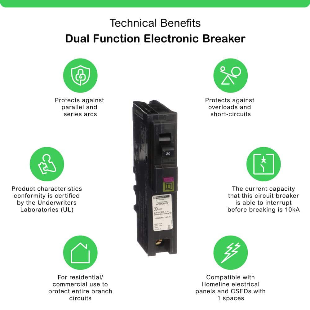 Square D Homeline 20 Amp Single-Pole Plug-On Neutral Dual Function (CAFCI & GFCI) Circuit Breaker, HOM120PDFC