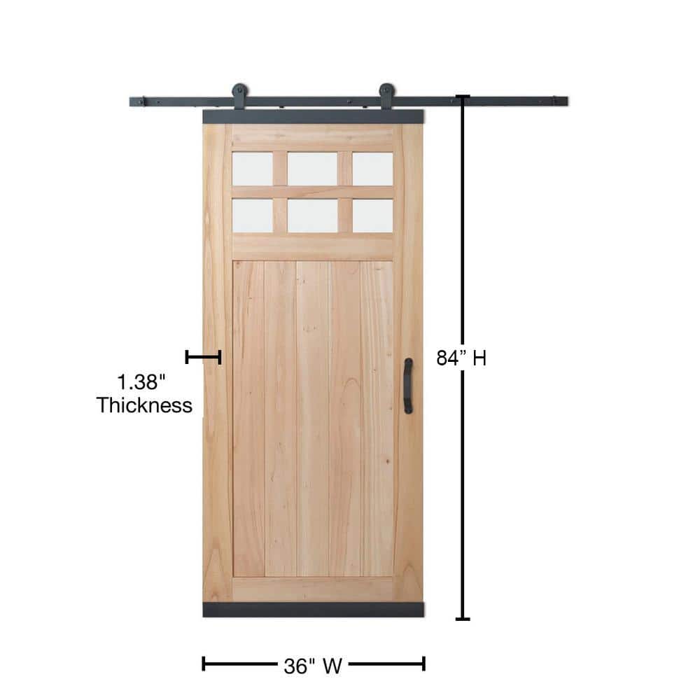 JELD-WEN 36 in. x 80 in. DesignGlide Farmhouse Unfinished Solid Wood 6-Lite Obscure Glass Sliding Barn Door & Black Hardware Kit