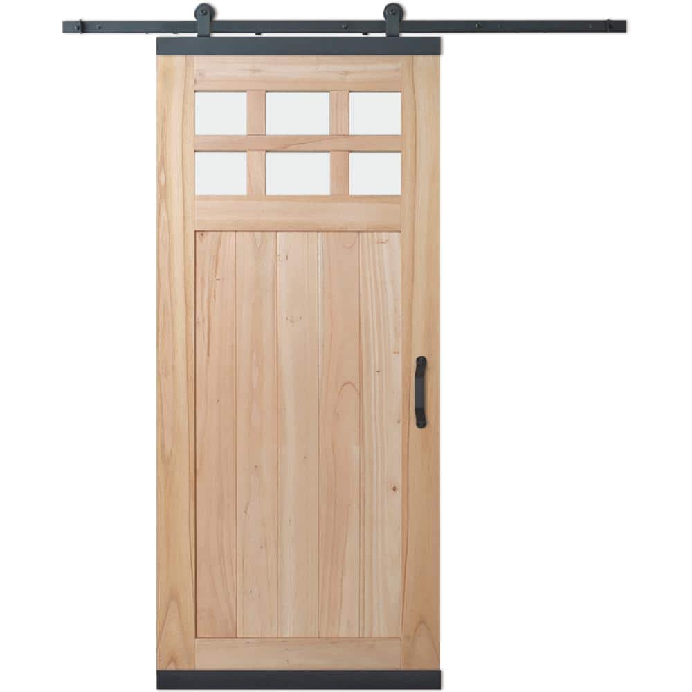 JELD-WEN 36 in. x 80 in. DesignGlide Farmhouse Unfinished Solid Wood 6-Lite Obscure Glass Sliding Barn Door & Black Hardware Kit