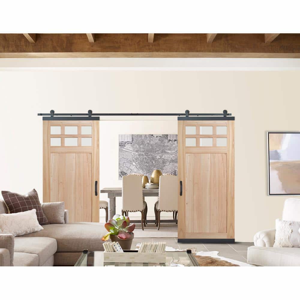 JELD-WEN 36 in. x 80 in. DesignGlide Farmhouse Unfinished Solid Wood 6-Lite Obscure Glass Sliding Barn Door & Black Hardware Kit