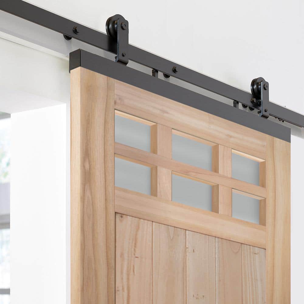 JELD-WEN 36 in. x 80 in. DesignGlide Farmhouse Unfinished Solid Wood 6-Lite Obscure Glass Sliding Barn Door & Black Hardware Kit