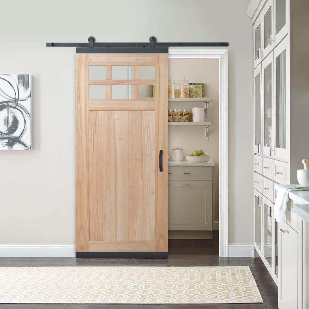 JELD-WEN 36 in. x 80 in. DesignGlide Farmhouse Unfinished Solid Wood 6-Lite Obscure Glass Sliding Barn Door & Black Hardware Kit