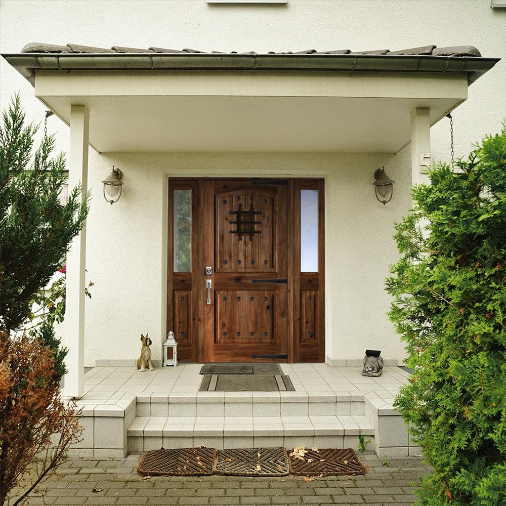 Krosswood Doors 64 in. x 80 in. Mediterranean Knotty Alder Arch Top Clear Low‑E Unfinished Wood Right‑Hand Prehung Front Door with Half Sidelites