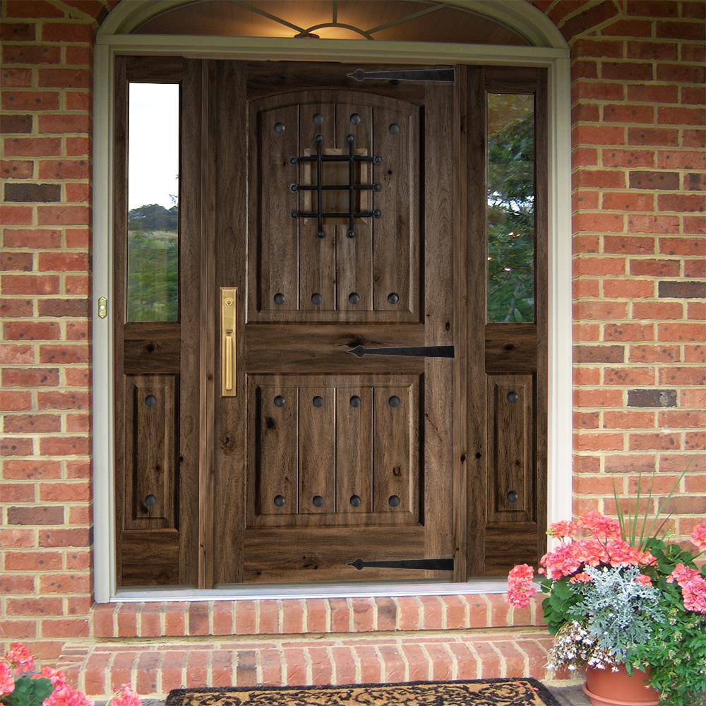 Krosswood Doors 64 in. x 80 in. Mediterranean Knotty Alder Arch Top Clear Low‑E Unfinished Wood Right‑Hand Prehung Front Door with Half Sidelites