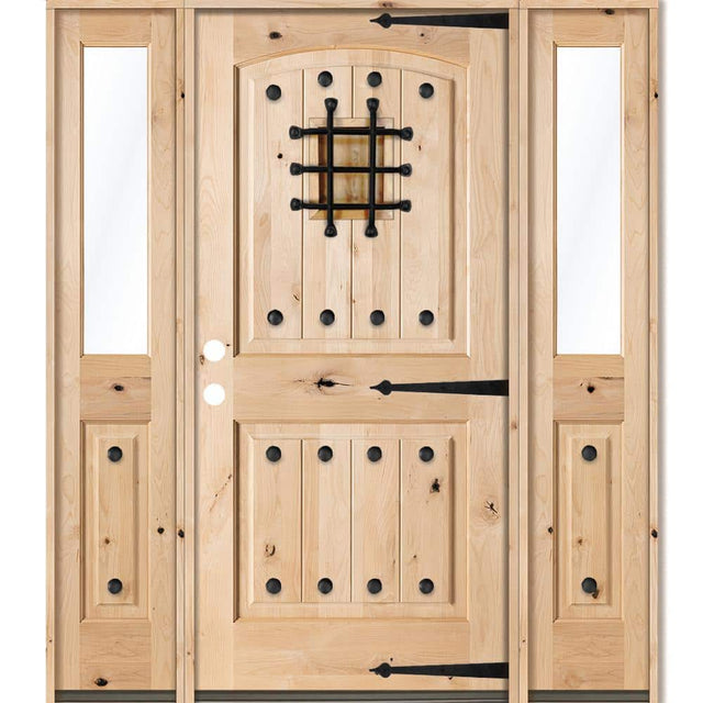 Krosswood Doors 64 in. x 80 in. Mediterranean Knotty Alder Arch Top Clear Low‑E Unfinished Wood Right‑Hand Prehung Front Door with Half Sidelites