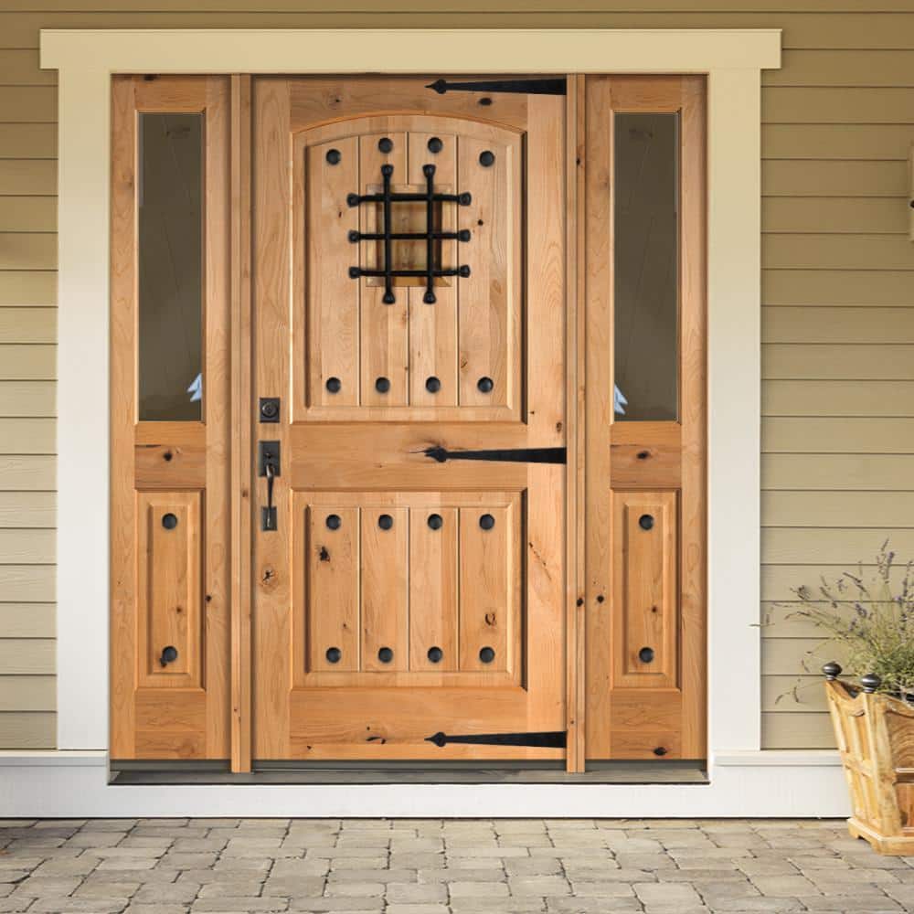 Krosswood Doors 64 in. x 80 in. Mediterranean Knotty Alder Arch Top Clear Low‑E Unfinished Wood Right‑Hand Prehung Front Door with Half Sidelites