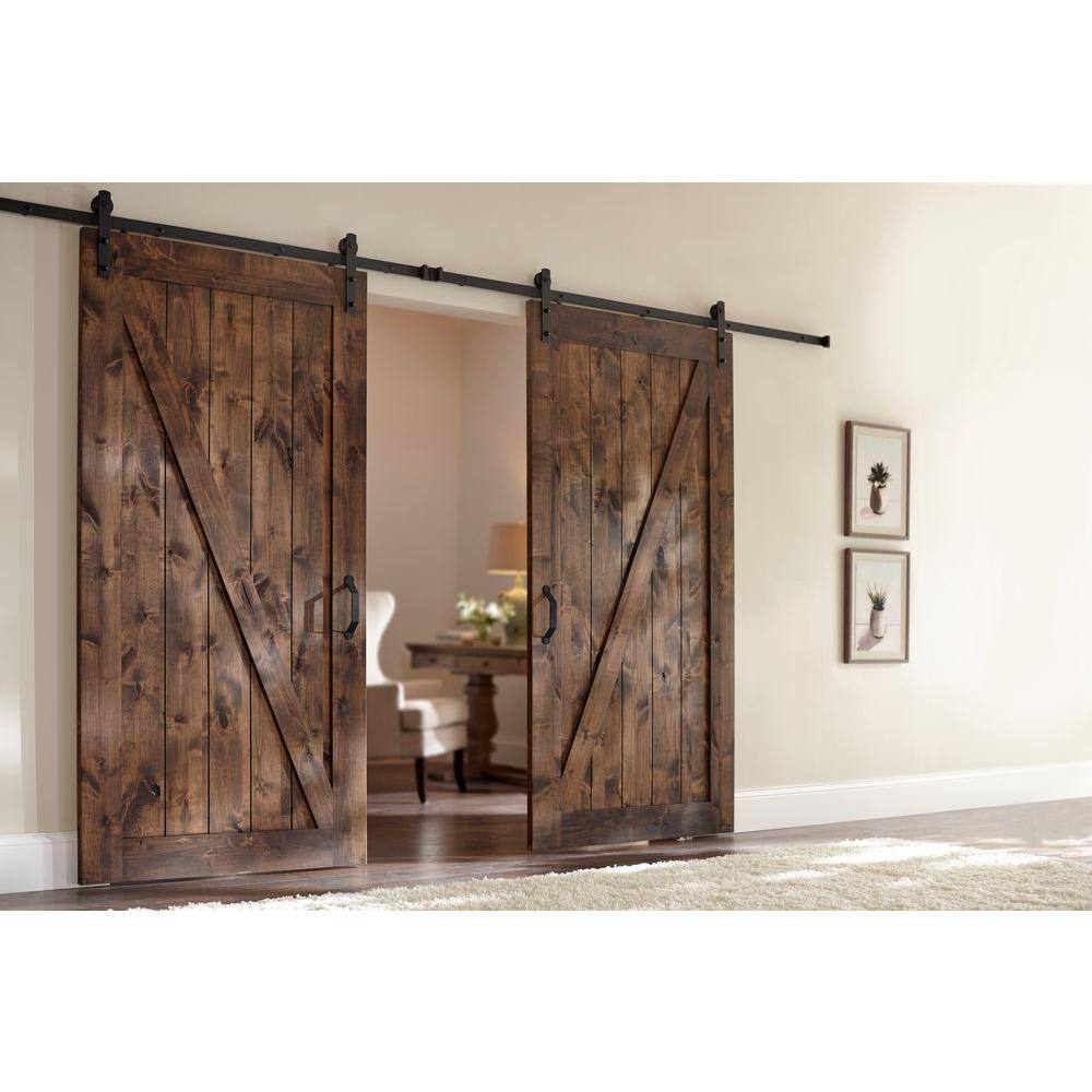 Masonite 42 in. x 84 in. Z-Bar Knotty Alder Wood Interior Sliding Barn Door Slab with Hardware Kit