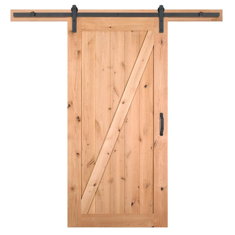 Masonite 42 in. x 84 in. Z-Bar Knotty Alder Wood Interior Sliding Barn Door Slab with Hardware Kit