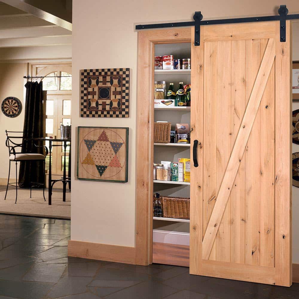 Masonite 42 in. x 84 in. Z-Bar Knotty Alder Wood Interior Sliding Barn Door Slab with Hardware Kit