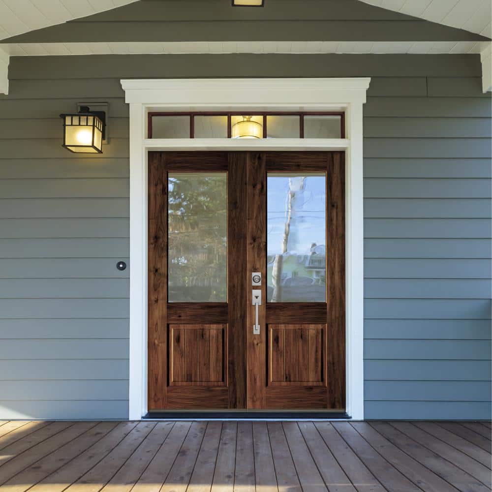 Krosswood Doors 64 in. x 96 in. Rustic Knotty Alder Clear Half-Lite Unfinished Wood with V-Groove Right Active Double Prehung Front Door