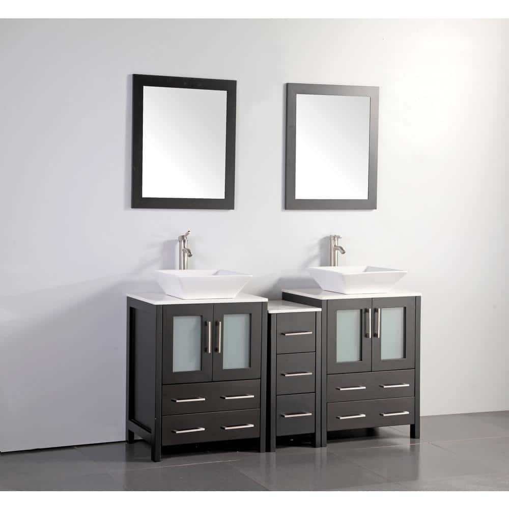 Vanity Art Ravenna 60 in. W Bathroom Vanity in Espresso with Double Basin in White Engineered Marble Top and Mirror