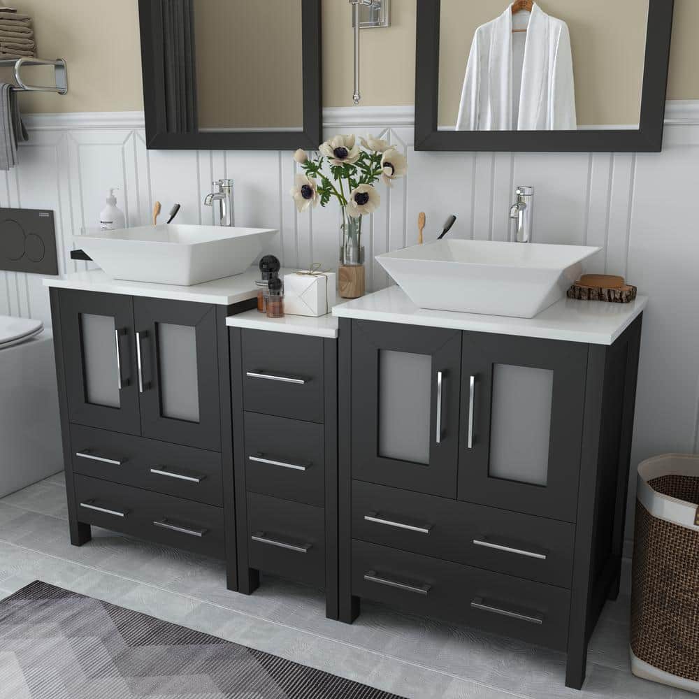 Vanity Art Ravenna 60 in. W Bathroom Vanity in Espresso with Double Basin in White Engineered Marble Top and Mirror