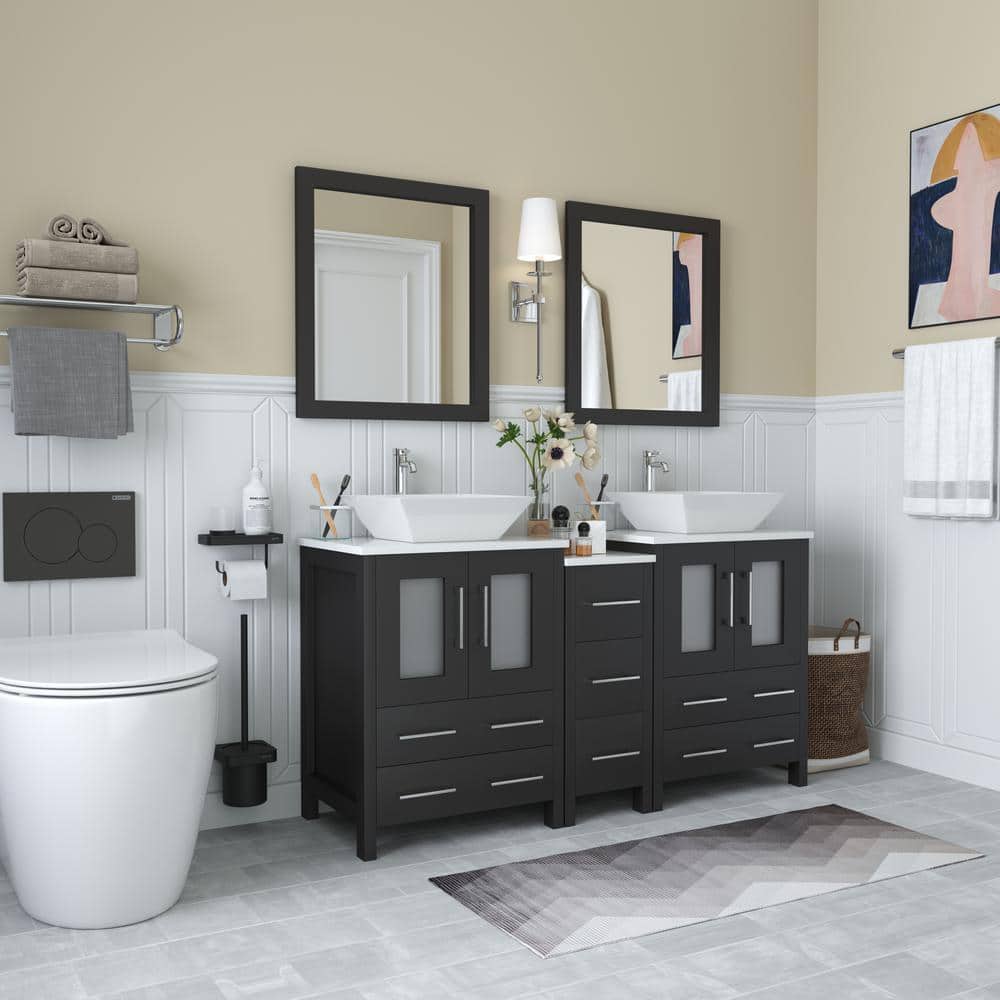 Vanity Art Ravenna 60 in. W Bathroom Vanity in Espresso with Double Basin in White Engineered Marble Top and Mirror