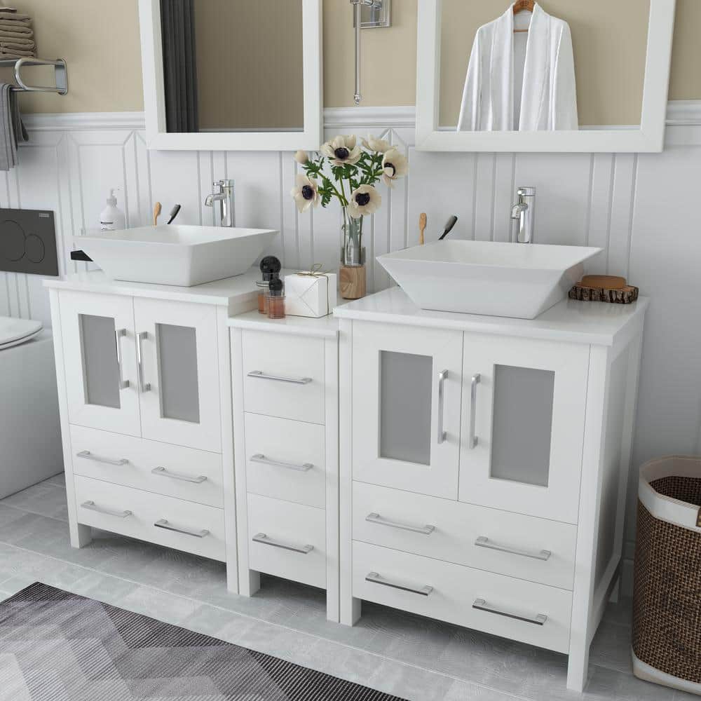 Vanity Art Ravenna 60 in. W Bathroom Vanity in White with Double Basin in White Engineered Marble Top and Mirror