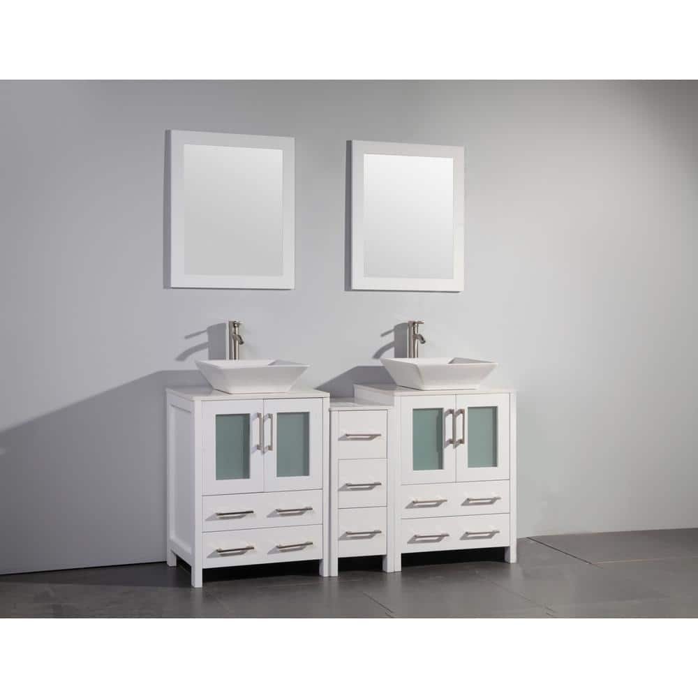 Vanity Art Ravenna 60 in. W Bathroom Vanity in White with Double Basin in White Engineered Marble Top and Mirror