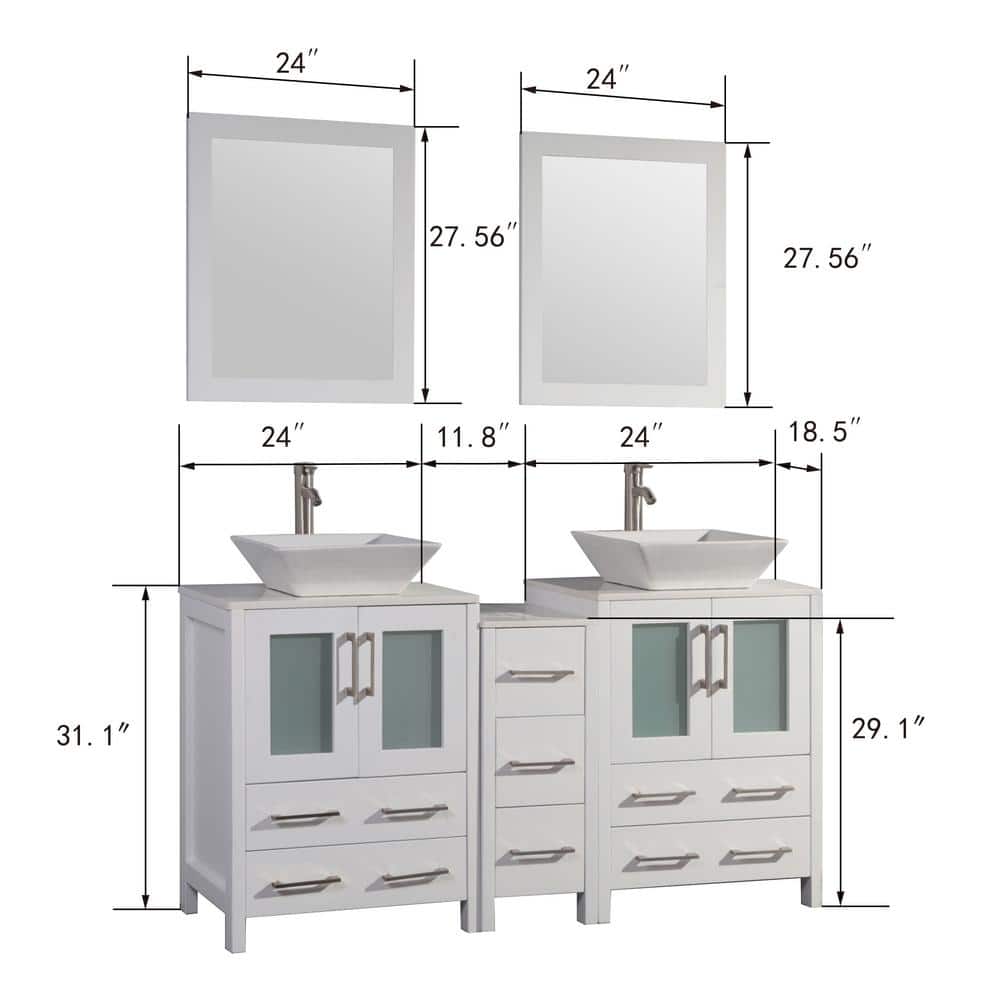 Vanity Art Ravenna 60 in. W Bathroom Vanity in White with Double Basin in White Engineered Marble Top and Mirror