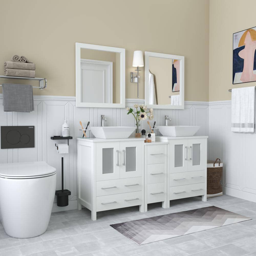 Vanity Art Ravenna 60 in. W Bathroom Vanity in White with Double Basin in White Engineered Marble Top and Mirror