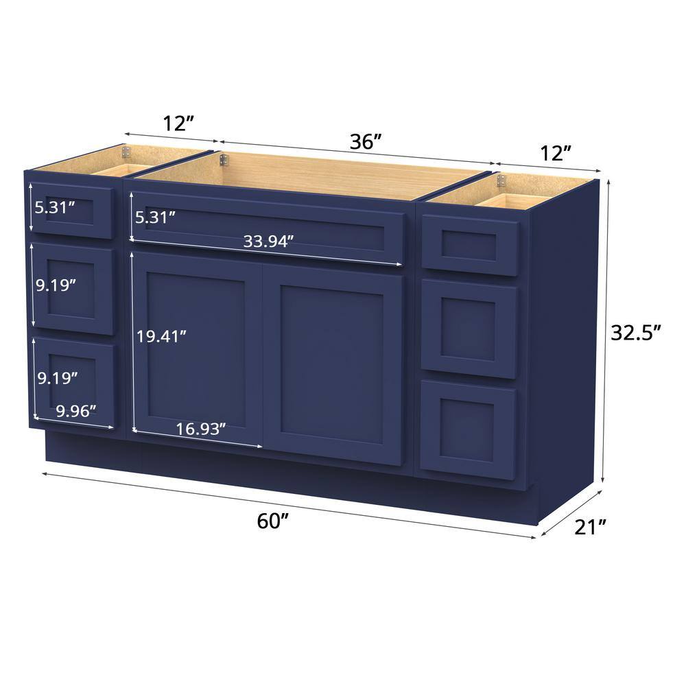 Vanity Art 60 in. W x 21 in. D x 32.5 in. H Bath Vanity Cabinet without Top in Blue