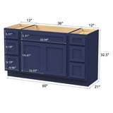 Vanity Art 60 in. W x 21 in. D x 32.5 in. H Bath Vanity Cabinet without Top in Blue