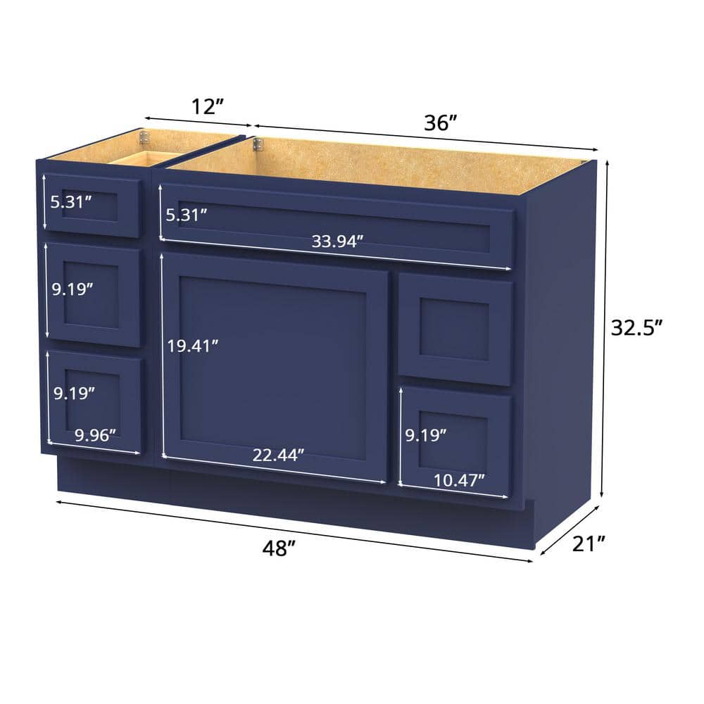 Vanity Art 48 in. W x 21 in. D x 32.5 in. H Bath Vanity Cabinet without Top in Blue