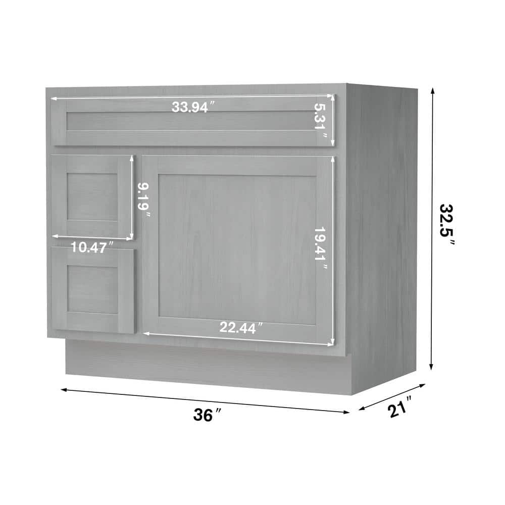 Vanity Art 36 in. W x 21 in. D x 32.5 in. H 2-Left Drawers Bath Vanity Cabinet without Top in Silver