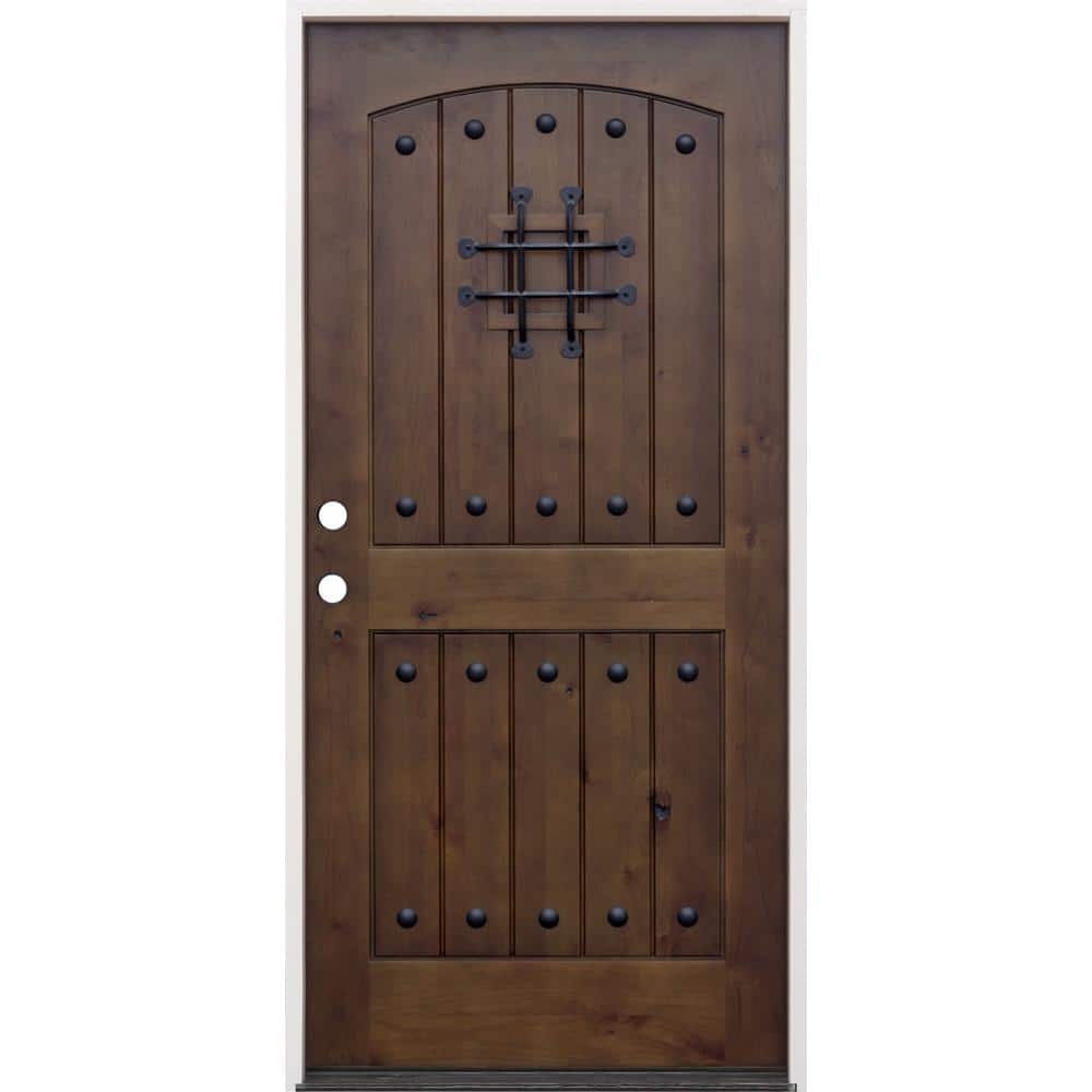 36 in. x 80 in. Walnut Right-Hand Inswing Arched 2-Panel Speakeasy Stained Alder Prehung Front Door with 6-9/16 in. Jamb