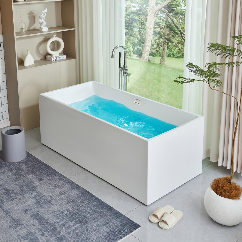 Vanity Art Talence 59 in. Acrylic Flatbottom Freestanding Bathtub in White/Brushed Nickel