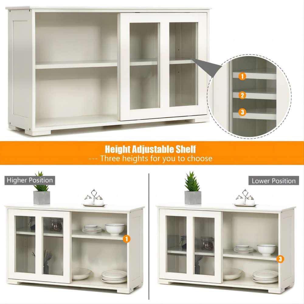 Bunpeony 42 in. W x 24.5 in. H x 13in. D White Wooden Pantry Freestanding Kitchen Storage Cabinet with 2-Glass Sliding Door