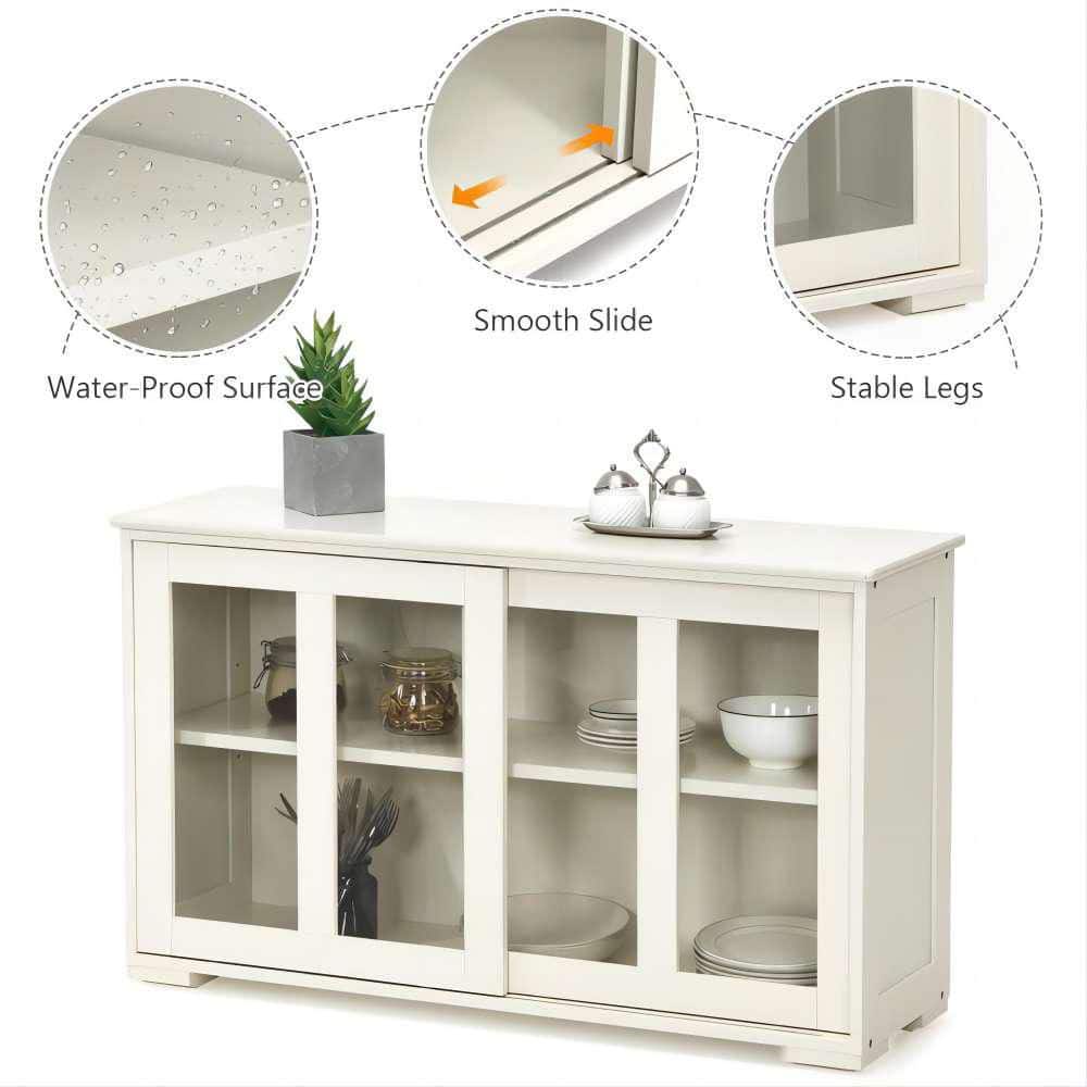 Bunpeony 42 in. W x 24.5 in. H x 13in. D White Wooden Pantry Freestanding Kitchen Storage Cabinet with 2-Glass Sliding Door