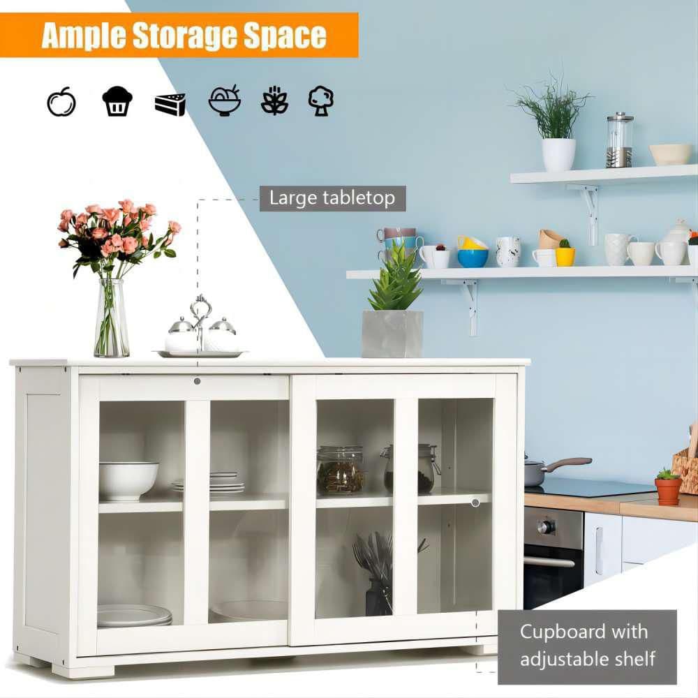 Bunpeony 42 in. W x 24.5 in. H x 13in. D White Wooden Pantry Freestanding Kitchen Storage Cabinet with 2-Glass Sliding Door