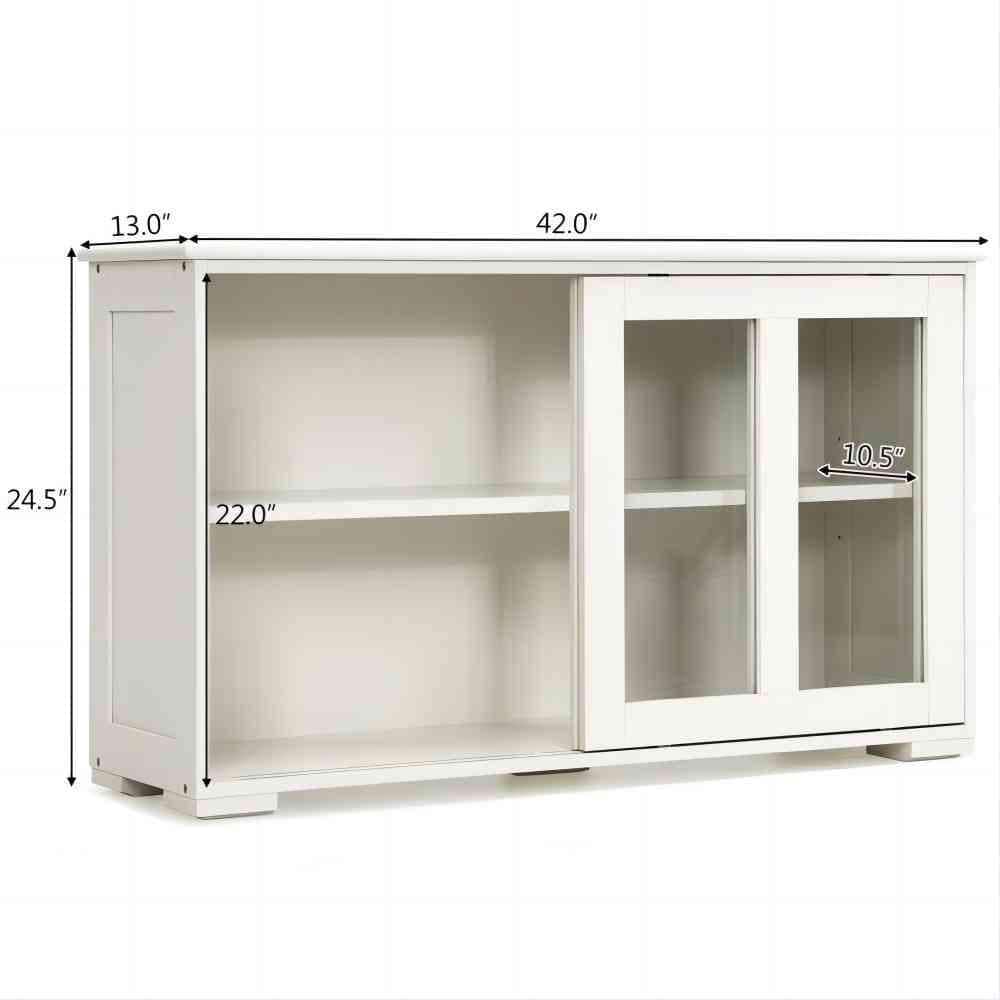 Bunpeony 42 in. W x 24.5 in. H x 13in. D White Wooden Pantry Freestanding Kitchen Storage Cabinet with 2-Glass Sliding Door