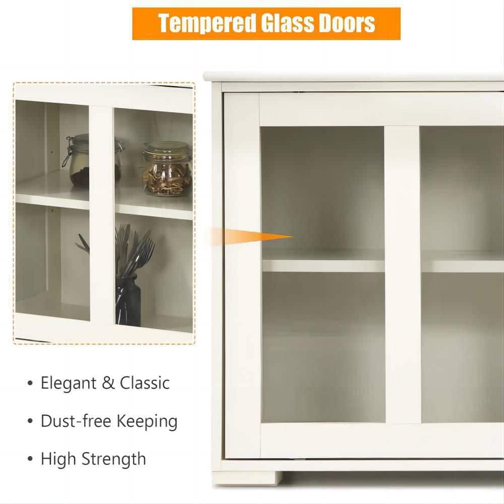 Bunpeony 42 in. W x 24.5 in. H x 13in. D White Wooden Pantry Freestanding Kitchen Storage Cabinet with 2-Glass Sliding Door