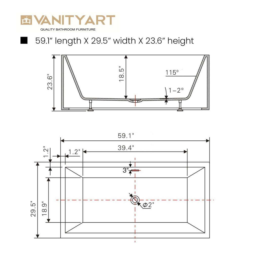 Vanity Art Talence 59 in. Acrylic Flatbottom Freestanding Bathtub in White/Oil Rubbed Bronze