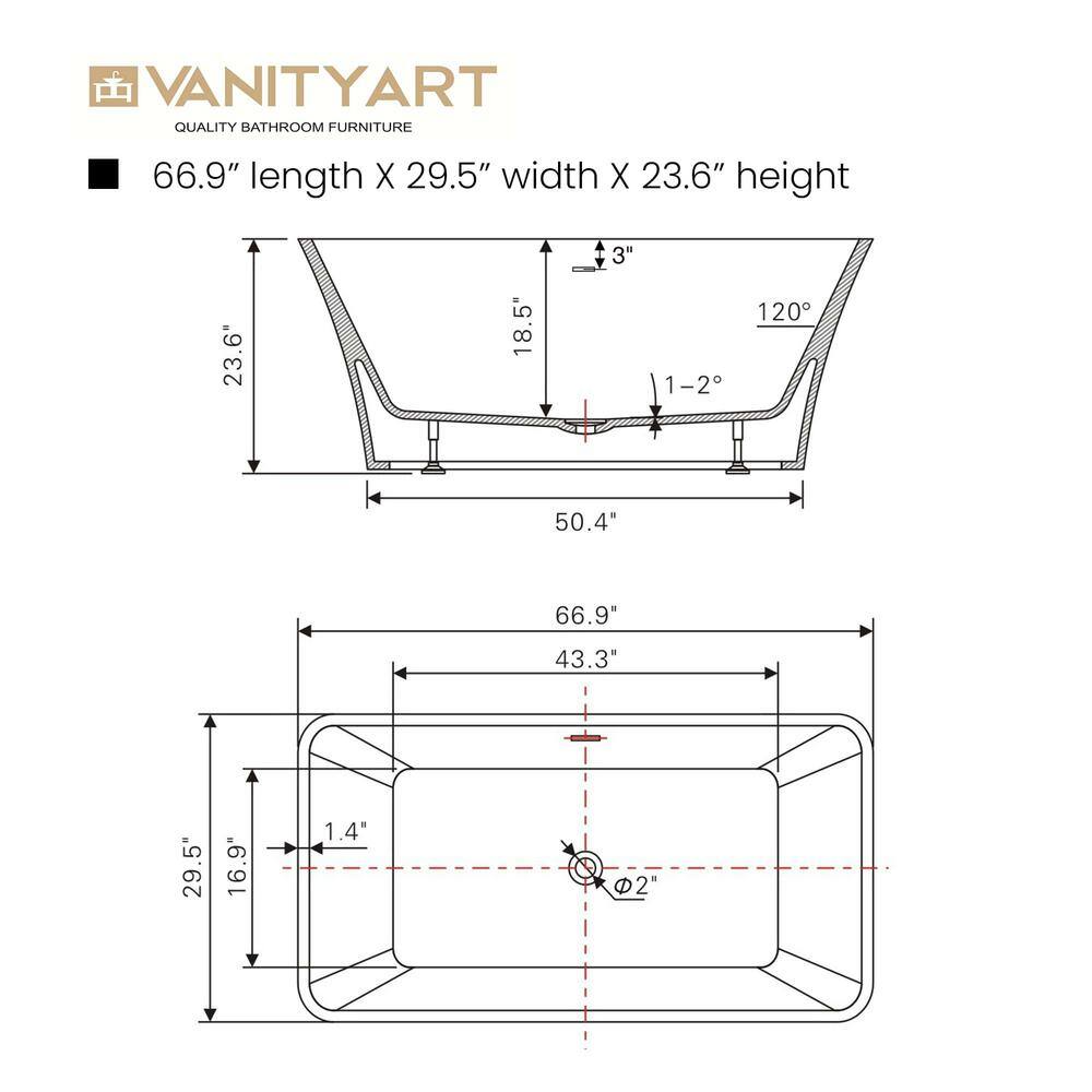 Vanity Art Nantes 67 in. x 30 in. Acrylic Freestanding Soaking Bathtub with Center Drain in White/Oil Rubbed Bronze