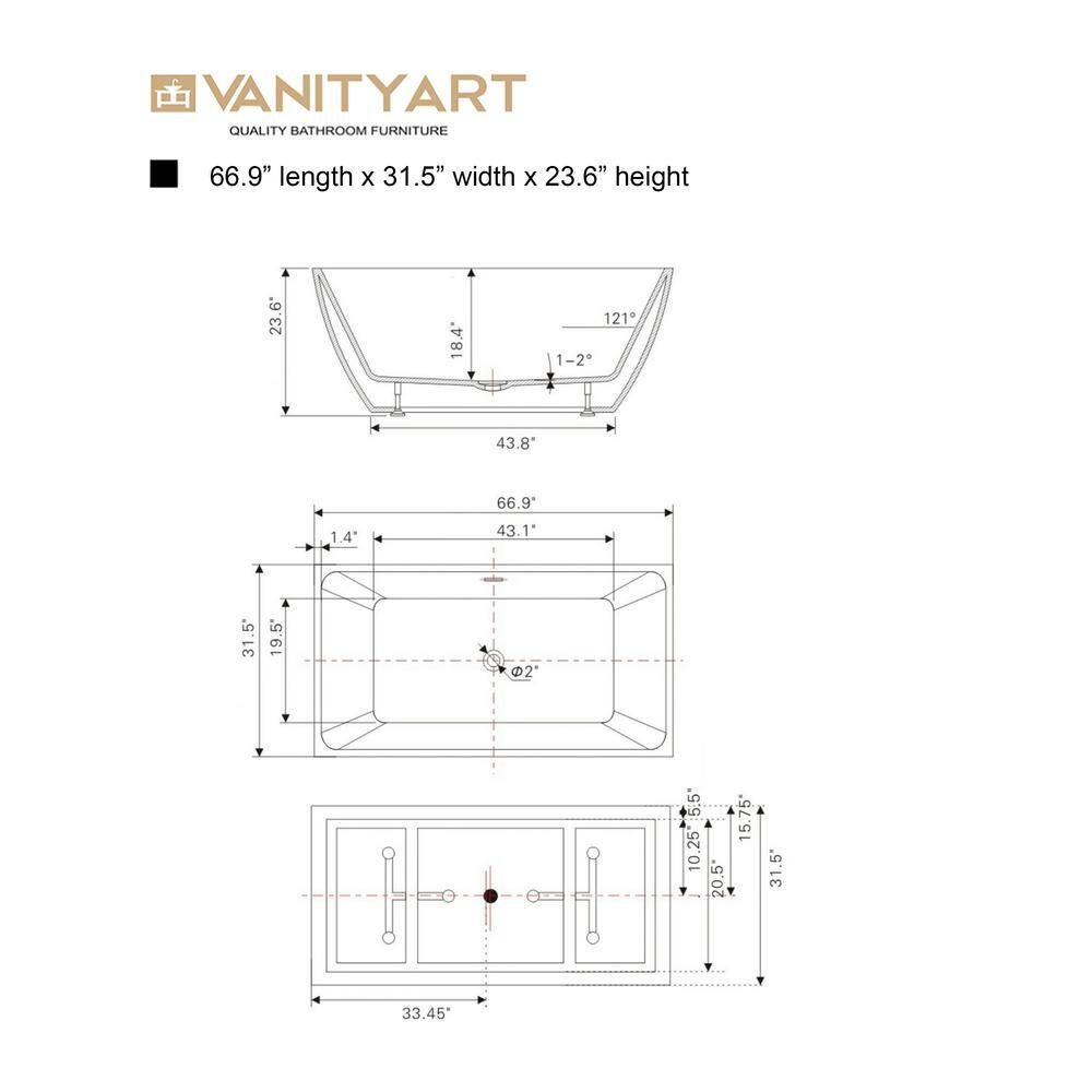 Vanity Art 67 in. Acrylic Flatbottom Freestanding Bathtub in White/Oil Rubbed Bronze