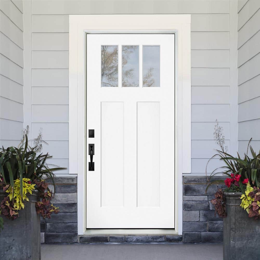 Steves & Sons 36 in. x 80 in. Legacy Series 3 Lite Clear Glass Right-Hand Inswing Primed Fiberglass Prehung Front Door