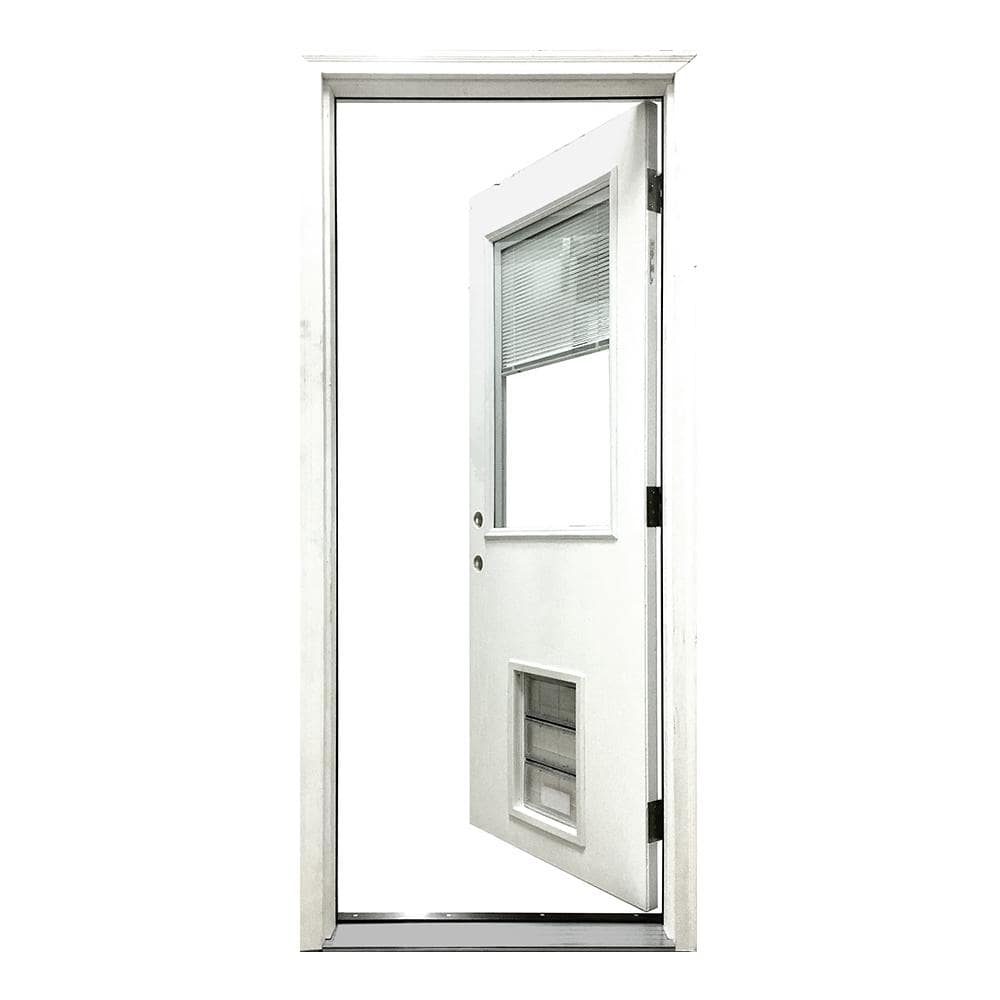 Steves & Sons 36 in. x 80 in. Reliant Series Clear Mini-Blind RHIS White Primed Fiberglass Prehung Front Door with Extra Large Pet Door